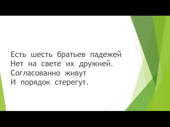 Есть шесть братьев падежей Нет на свете их дружней. Согласованно живут И порядок стерегут. 0