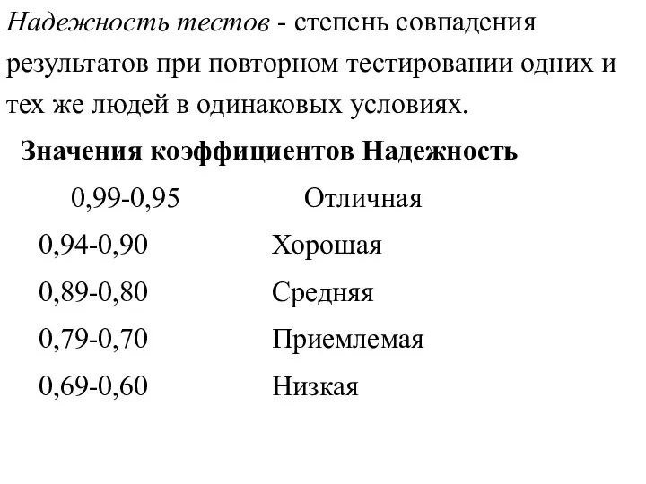 Надежность тестов - степень совпадения результатов при повторном тестировании одних и