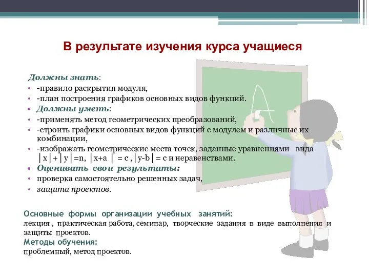 Должны знать: -правило раскрытия модуля, -план построения графиков основных видов функций.