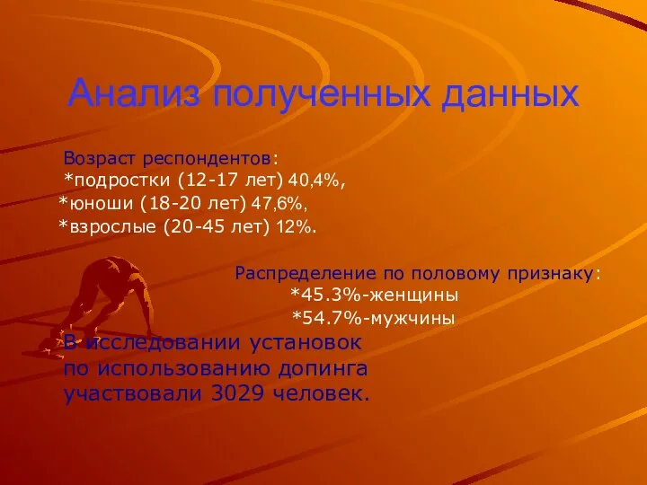 Анализ полученных данных Возраст респондентов: *подростки (12-17 лет) 40,4%, *юноши (18-20