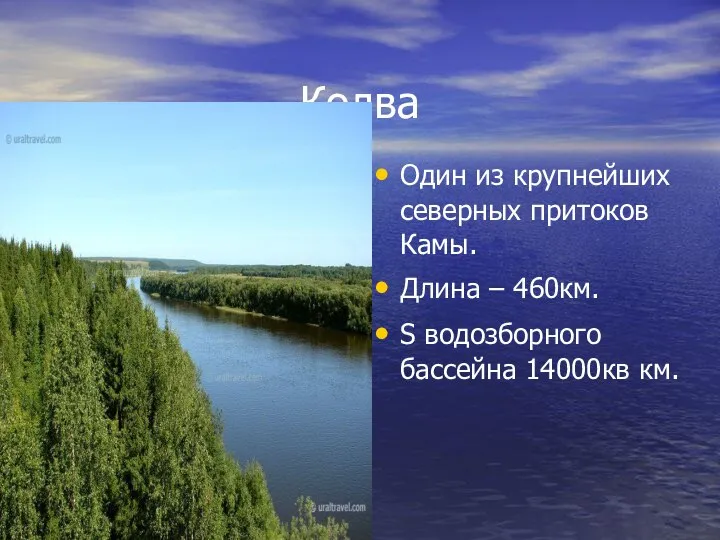 Колва Один из крупнейших северных притоков Камы. Длина – 460км. S водозборного бассейна 14000кв км.