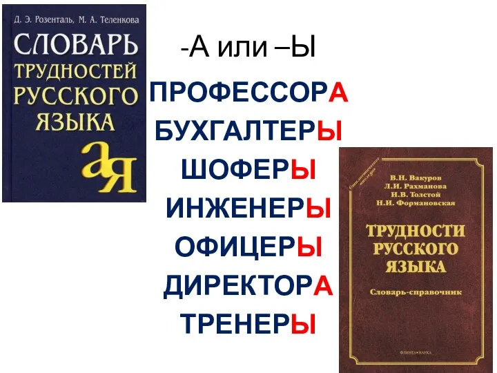 -А или –Ы ПРОФЕССОРА БУХГАЛТЕРЫ ШОФЕРЫ ИНЖЕНЕРЫ ОФИЦЕРЫ ДИРЕКТОРА ТРЕНЕРЫ