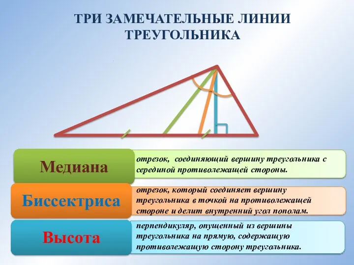 отрезок, соединяющий вершину треугольника с серединой противолежащей стороны. отрезок, который соединяет