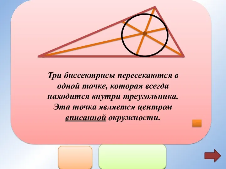 Три биссектрисы пересекаются в одной точке, которая всегда находится внутри треугольника.