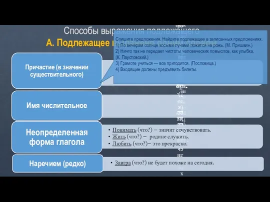 Способы выражения подлежащего А. Подлежащее выражено одним словом Спишите предложения. Найдите