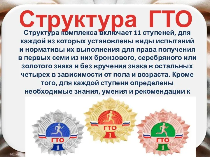 Структура ГТО Структура комплекса включает 11 ступеней, для каждой из которых