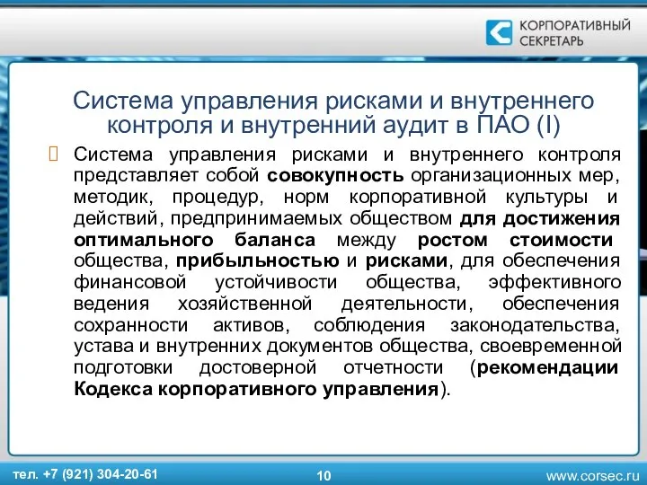 Система управления рисками и внутреннего контроля и внутренний аудит в ПАО