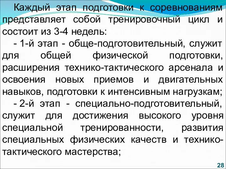 Каждый этап подготовки к соревнованиям представляет собой тренировочный цикл и состоит