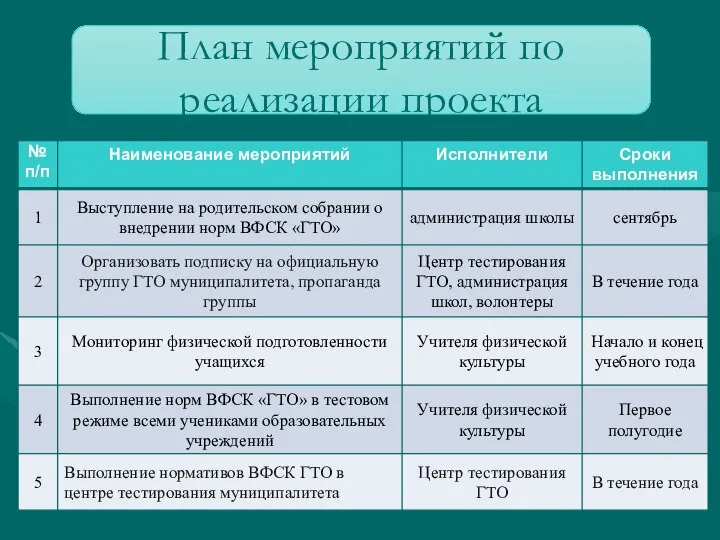 План мероприятий по реализации проекта