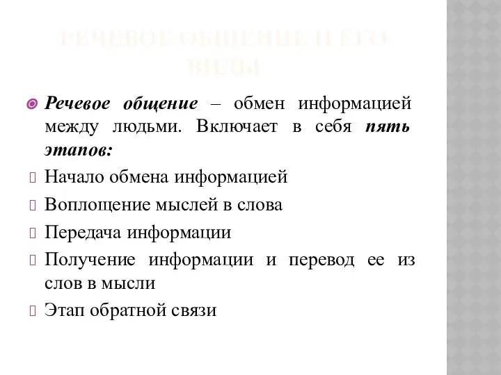 РЕЧЕВОЕ ОБЩЕНИЕ И ЕГО ВИДЫ Речевое общение – обмен информацией между