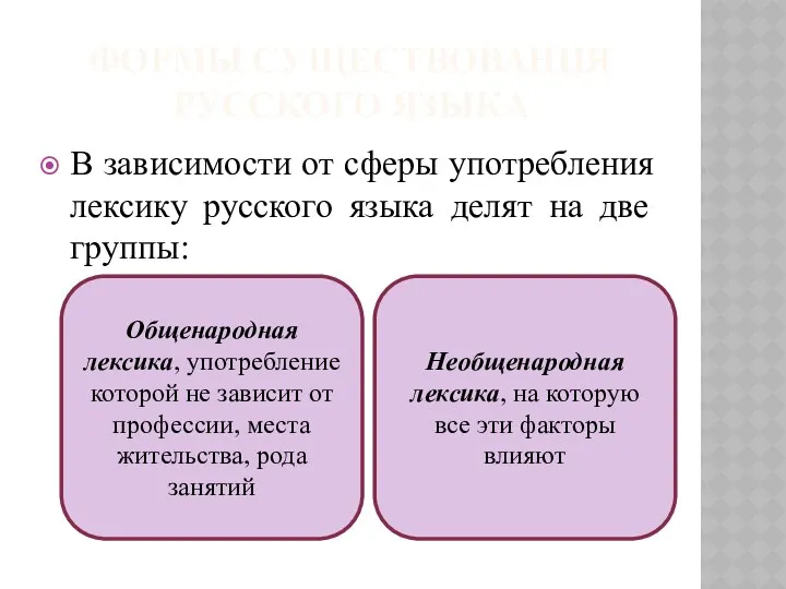 ФОРМЫ СУЩЕСТВОВАНИЯ РУССКОГО ЯЗЫКА В зависимости от сферы употребления лексику русского