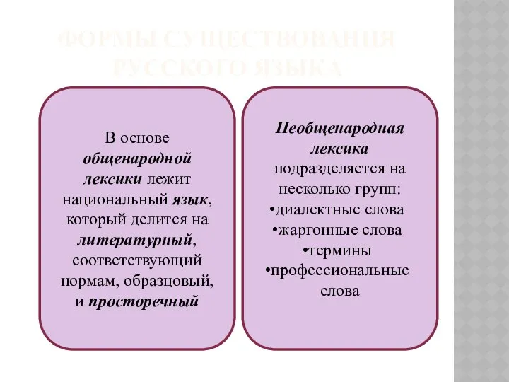 ФОРМЫ СУЩЕСТВОВАНИЯ РУССКОГО ЯЗЫКА В основе общенародной лексики лежит национальный язык,