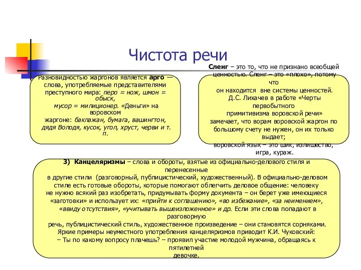 Чистота речи Разновидностью жаргонов является арго — слова, употребляемые представителями преступного