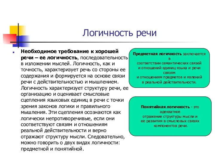 Логичность речи Необходимое требование к хорошей речи – ее логичность, последовательность