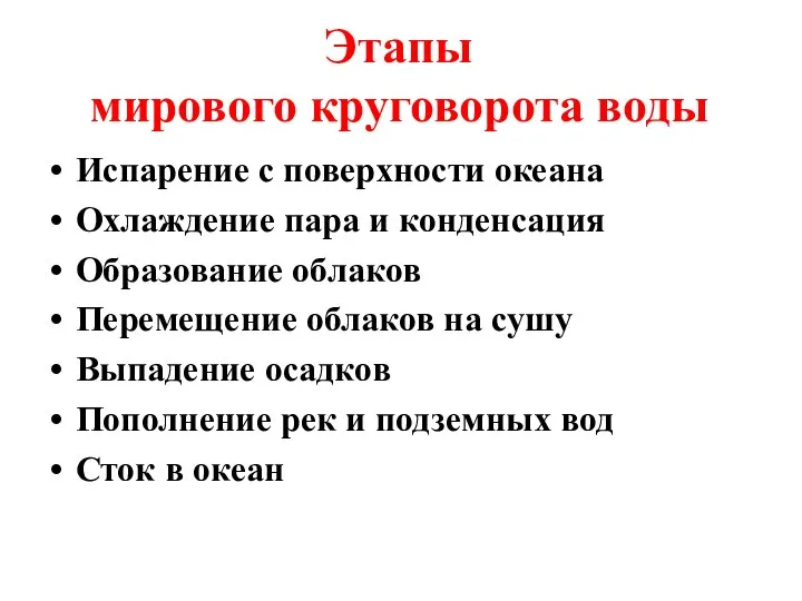 Испарение с поверхности океана Охлаждение пара и конденсация Образование облаков Перемещение