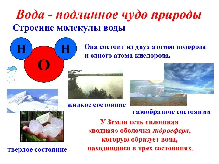 Вода - подлинное чудо природы Строение молекулы воды Она состоит из