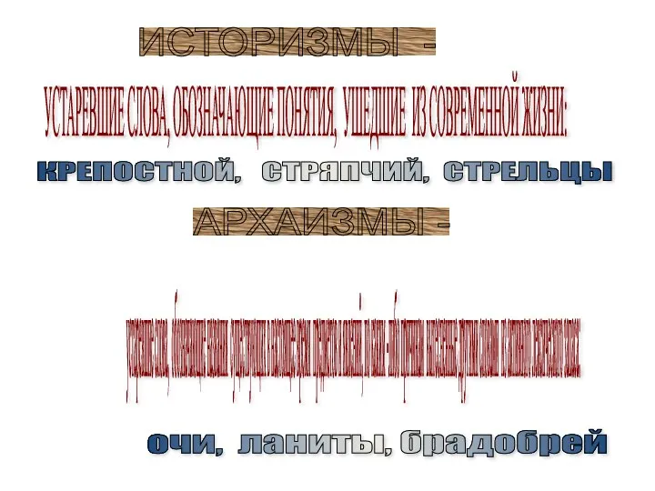 ИСТОРИЗМЫ - УСТАРЕВШИЕ СЛОВА, ОБОЗНАЧАЮЩИЕ ПОНЯТИЯ, УШЕДШИЕ ИЗ СОВРЕМЕННОЙ ЖИЗНИ: КРЕПОСТНОЙ,