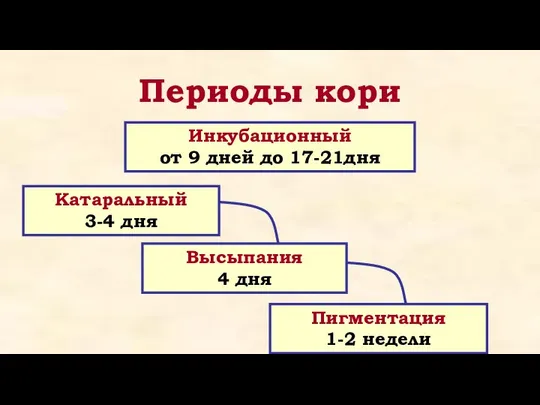 Периоды кори Инкубационный от 9 дней до 17-21дня Катаральный 3-4 дня