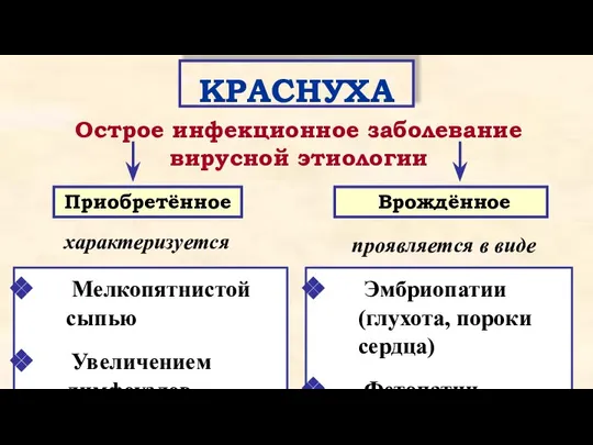 Острое инфекционное заболевание вирусной этиологии Приобретённое Врождённое характеризуется Мелкопятнистой сыпью Увеличением