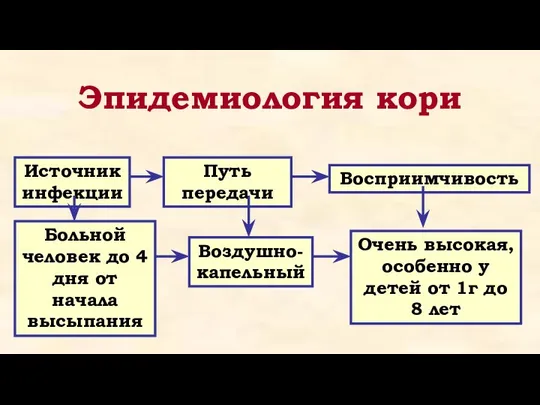 Эпидемиология кори Источник инфекции Путь передачи Восприимчивость Больной человек до 4