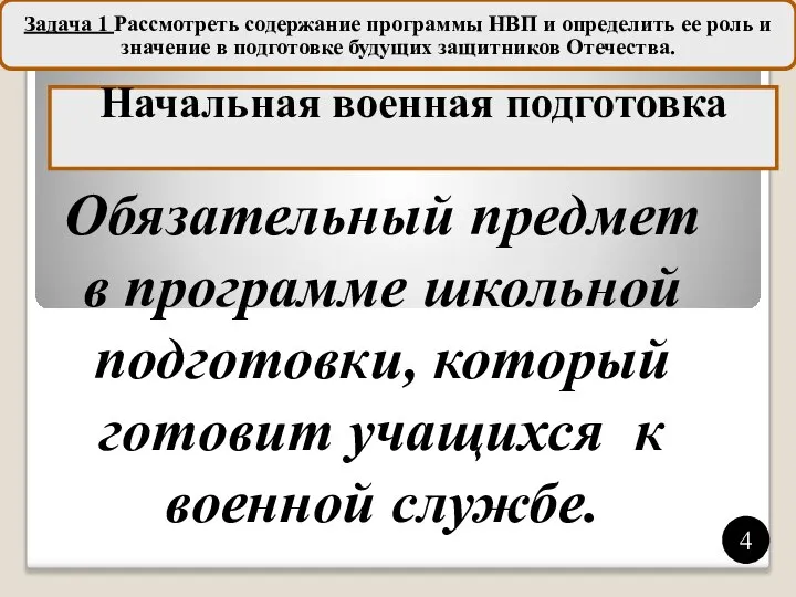 Задача 1 Рассмотреть содержание программы НВП и определить ее роль и