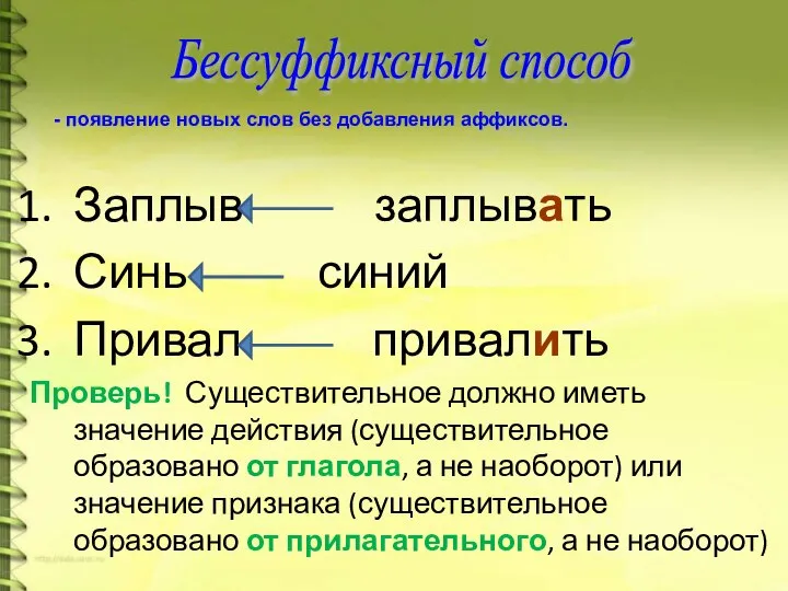 Заплыв заплывать Синь синий Привал привалить Проверь! Существительное должно иметь значение