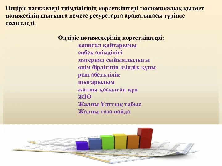 Өндіріс нәтижелері тиімділігінің көрсеткіштері экономикалық қызмет нәтижесінің шығынға немесе ресурстарға арақатынасы