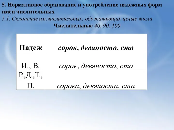 5. Нормативное образование и употребление падежных форм имён числительных 5.1. Склонение