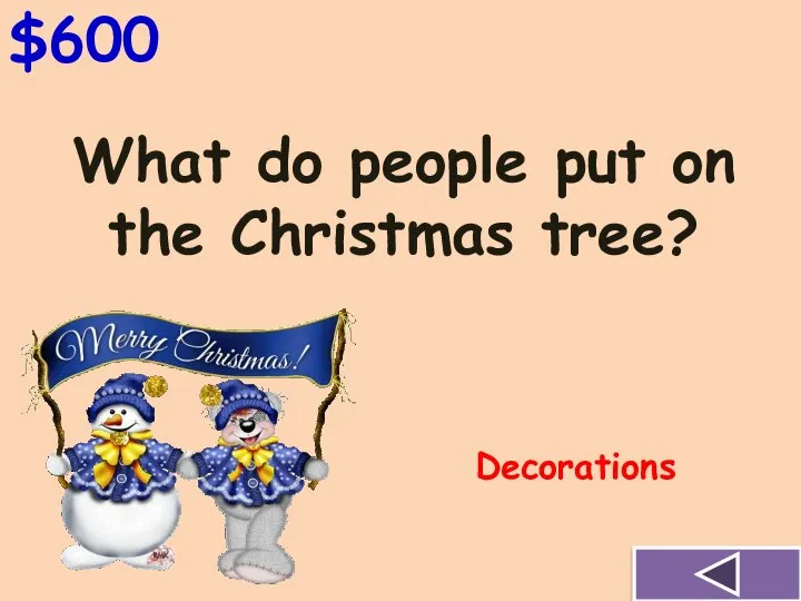 $600 What do people put on the Christmas tree? Decorations