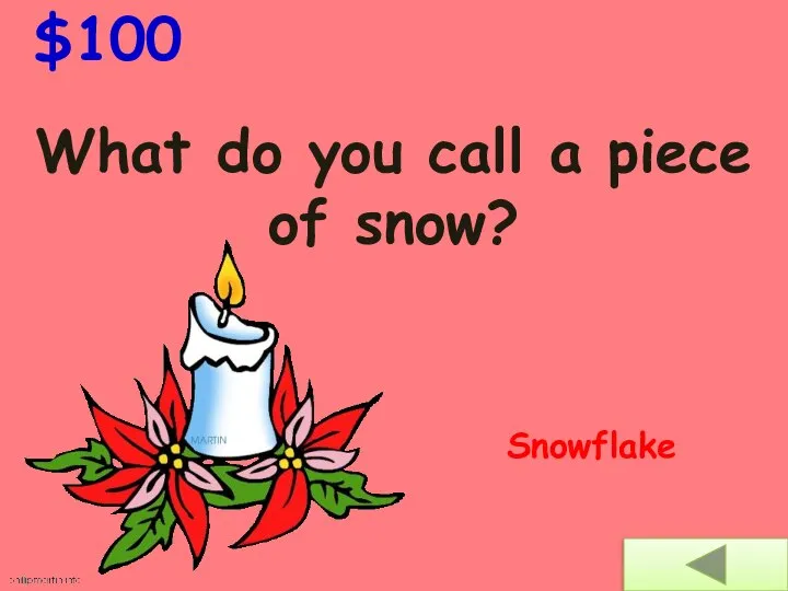 $100 What do you call a piece of snow? Snowflake