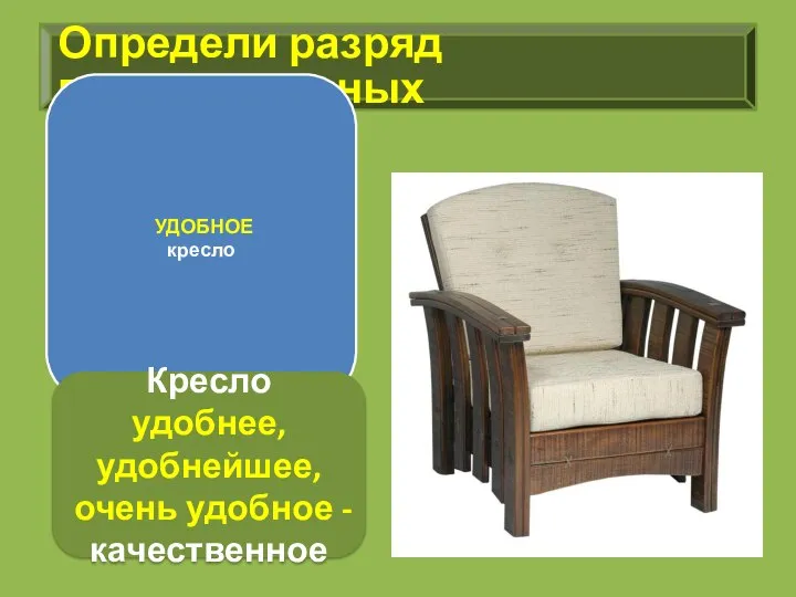 Определи разряд прилагательных УДОБНОЕ кресло Кресло удобнее, удобнейшее, очень удобное - качественное