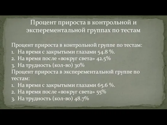 Процент прироста в контрольной и эксперементальной группах по тестам Процент прироста