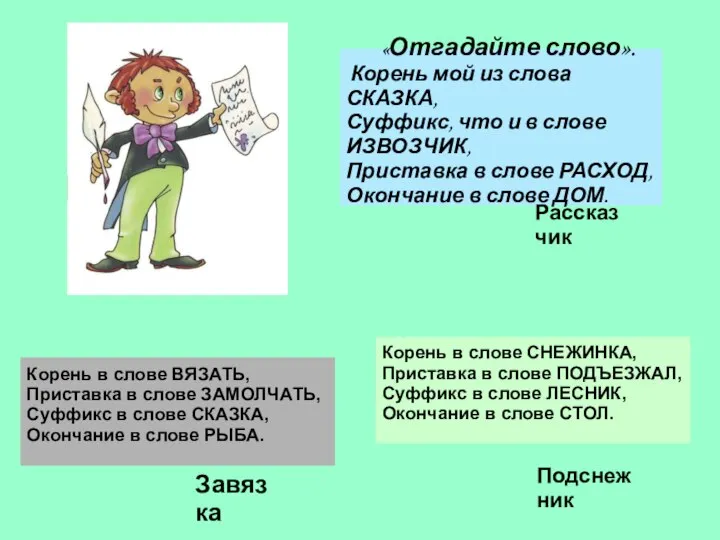 «Отгадайте слово». Корень мой из слова СКАЗКА, Суффикс, что и в