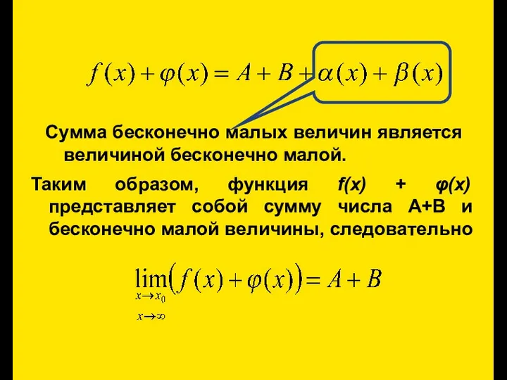 Сумма бесконечно малых величин является величиной бесконечно малой. Таким образом, функция