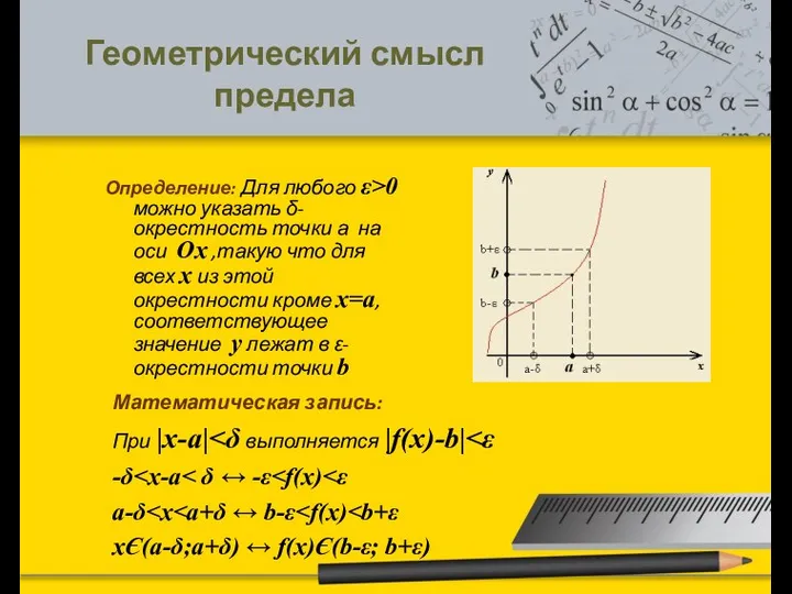 Геометрический смысл предела Определение: Для любого ε>0 можно указать δ-окрестность точки