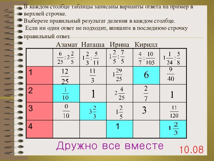 В каждом столбце таблицы записаны варианты ответа на пример в верхней