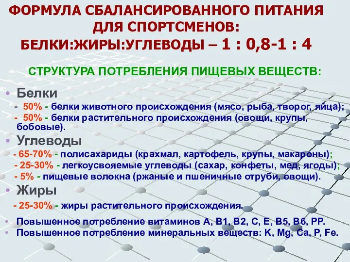 ФОРМУЛА СБАЛАНСИРОВАННОГО ПИТАНИЯ ДЛЯ СПОРТСМЕНОВ: БЕЛКИ:ЖИРЫ:УГЛЕВОДЫ – 1 : 0,8-1 :