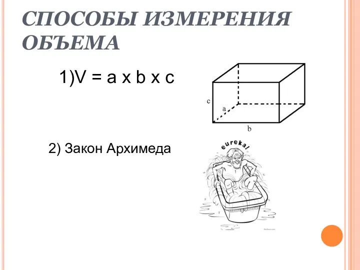 СПОСОБЫ ИЗМЕРЕНИЯ ОБЪЕМА 1)V = a x b x c 2) Закон Архимеда