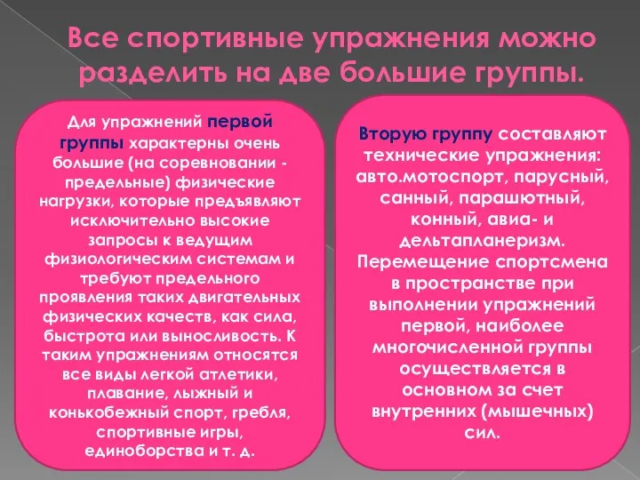 Все спортивные упражнения можно разделить на две большие группы. Для упражнений