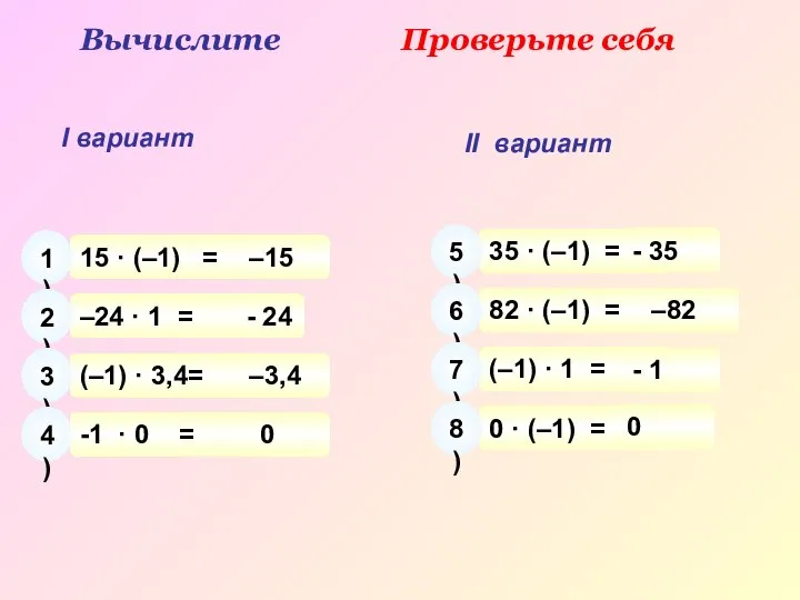 Вычислите Проверьте себя I вариант II вариант