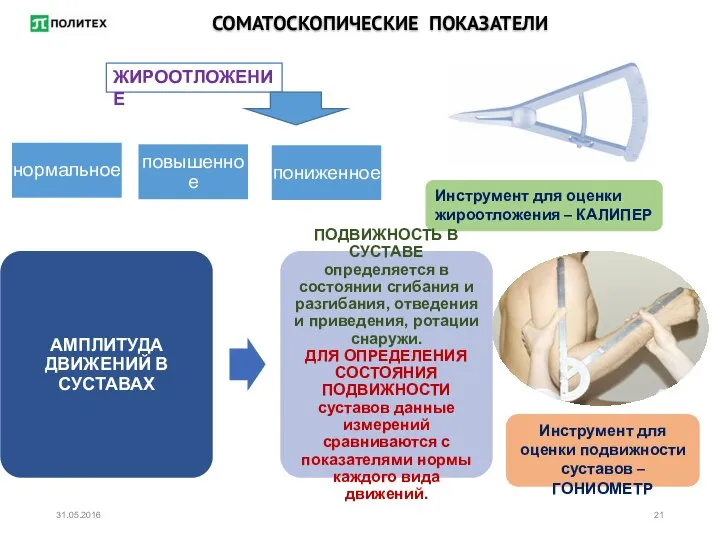 СОМАТОСКОПИЧЕСКИЕ ПОКАЗАТЕЛИ ЖИРООТЛОЖЕНИЕ Инструмент для оценки жироотложения – КАЛИПЕР Инструмент для