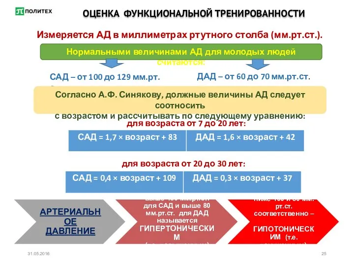 ОЦЕНКА ФУНКЦИОНАЛЬНОЙ ТРЕНИРОВАННОСТИ Измеряется АД в миллиметрах ртутного столба (мм.рт.ст.). Нормальными