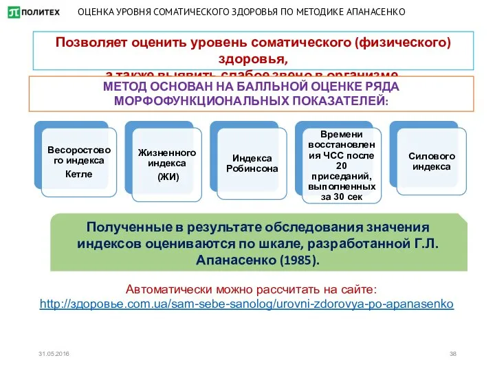 ОЦЕНКА УРОВНЯ СОМАТИЧЕСКОГО ЗДОРОВЬЯ ПО МЕТОДИКЕ АПАНАСЕНКО Позволяет оценить уровень соматического