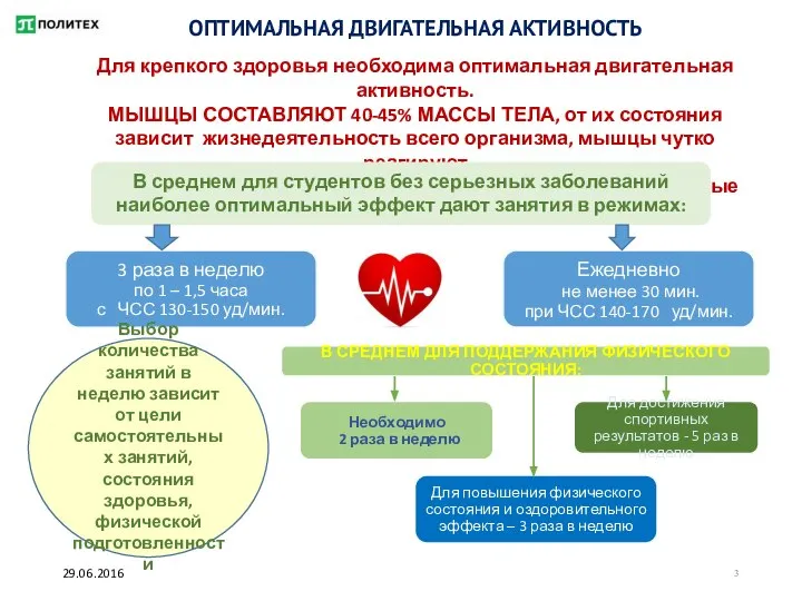 29.06.2016 ОПТИМАЛЬНАЯ ДВИГАТЕЛЬНАЯ АКТИВНОСТЬ Для крепкого здоровья необходима оптимальная двигательная активность.