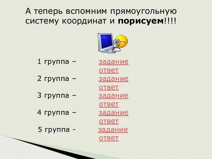 А теперь вспомним прямоугольную систему координат и порисуем!!!! 1 группа –