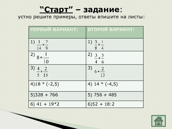 “Старт” – задание: устно решите примеры, ответы впишите на листы: