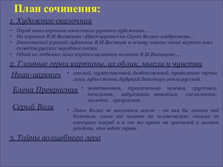 План сочинения: 1. Художник-сказочник Перед нами картина известного русского художника…. На