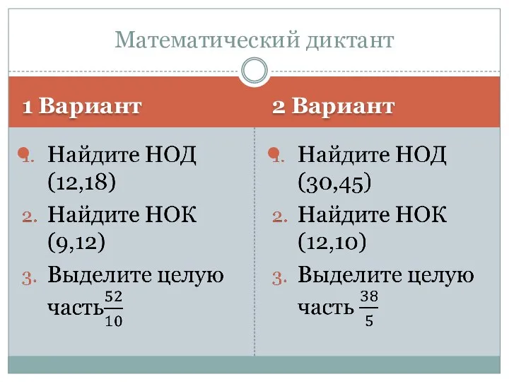 1 Вариант 2 Вариант Математический диктант