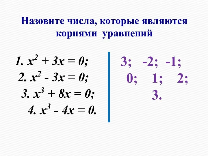 Назовите числа, которые являются корнями уравнений 1. x2 + 3х =