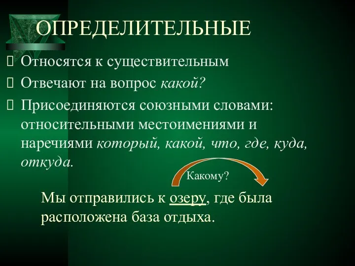 ОПРЕДЕЛИТЕЛЬНЫЕ Относятся к существительным Отвечают на вопрос какой? Присоединяются союзными словами: